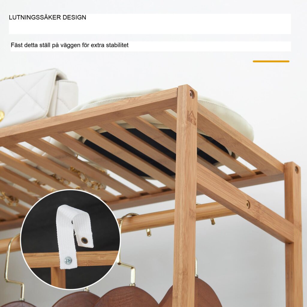 Bambu klädhängare med hängande och hopfällbar klädstång, kompakt design för små utrymmen, naturlig träfinish, säkerhetsremmar mot tippning