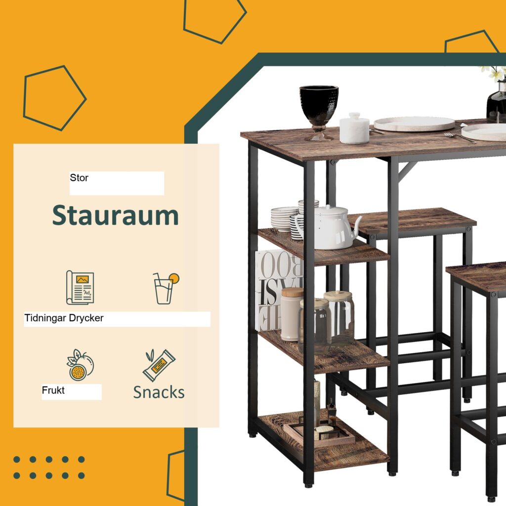 Barbordsset 3 delar med platsbesparande design, hylla och fotstöd i 3 nivåer, rustikt brunt/svart, spånskiva/stål