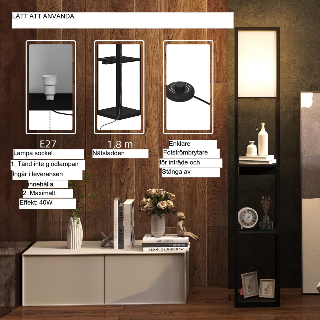 Golvlampa med inbyggda USB-A- och USB-C-laddningsportar, förvaringshylla med 3 fack, elegant modern design
