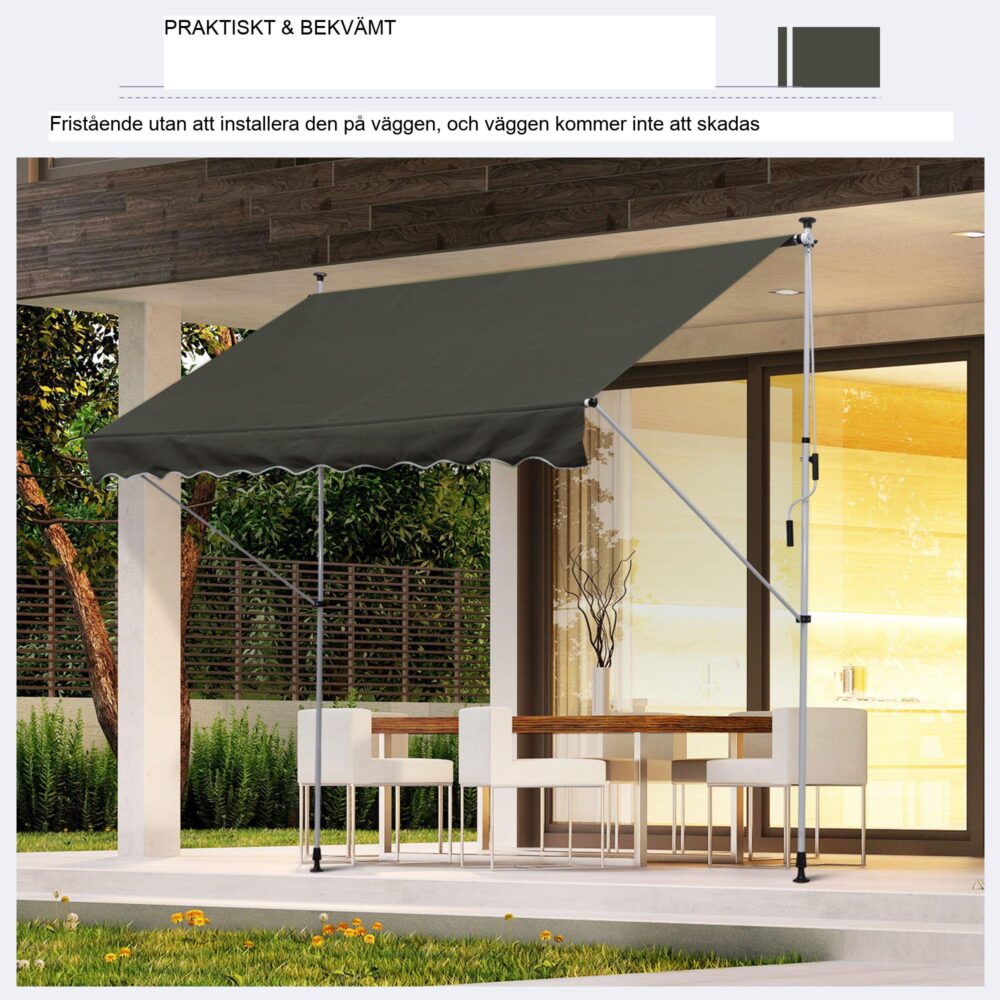 Fristående markis… g 300 x 150 cm Vindtät och slitstark med handvev – Kraftigt polyestertyg, justerbar höjd från 1,7 m till 2,8 m