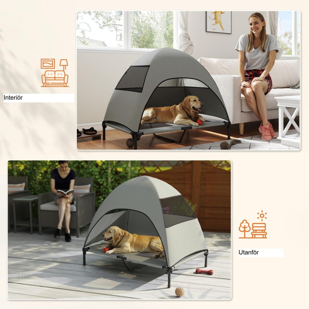 upphöjd hundsäng med tak – solskydd och fuktbeständig höjd, bärbar design med tvättbar nätmetallram, 106x76x99cm