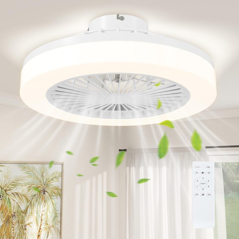 Takfläkt med belysning fjärrkontroll, 6 hastigheter och dimbar LED-lampa för sovrum vit 46cm – tyst drift och reversibel design