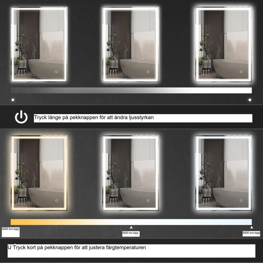 Badrumsspegel med belysning 90x70 cm LED Anti-Fog Touch Control Silver - Justerbar ljusstyrka och trefärgade lampor med minnesfunktion