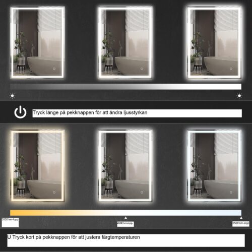 Badrumsspegel med belysning 90×70 cm LED Anti-Fog Touch Control Silver – Justerbar ljusstyrka och trefärgade lampor med minnesfunktion