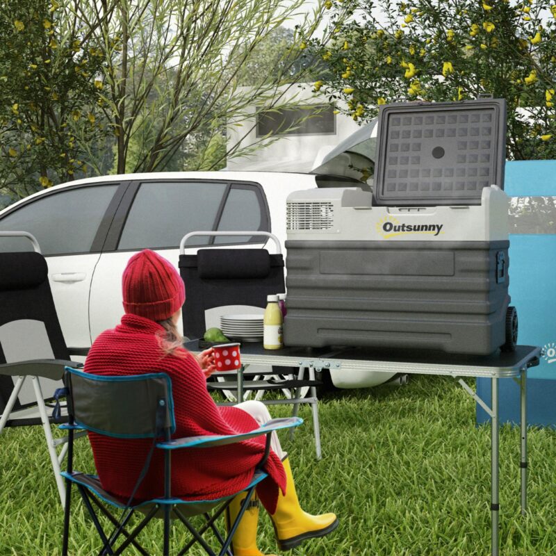 Portable Compressor Cooler 56L – mångsidig likström/växelström, Eco- och Max-lägen, 3-stegs batteriskydd, -20 °C kylning, hjul och teleskophandtag