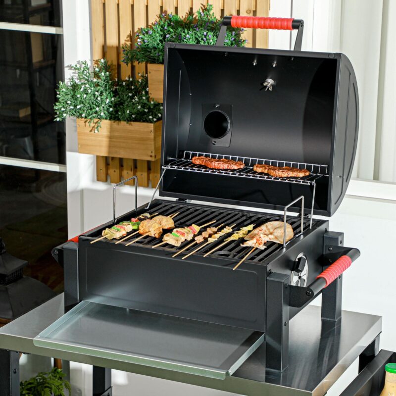 Kolgrill i ihåligt trä – stor 1533 sq.cm grillplats för perfekta fester | Justerbar värmekontroll med termometer och hållbar stålkonstruktion
