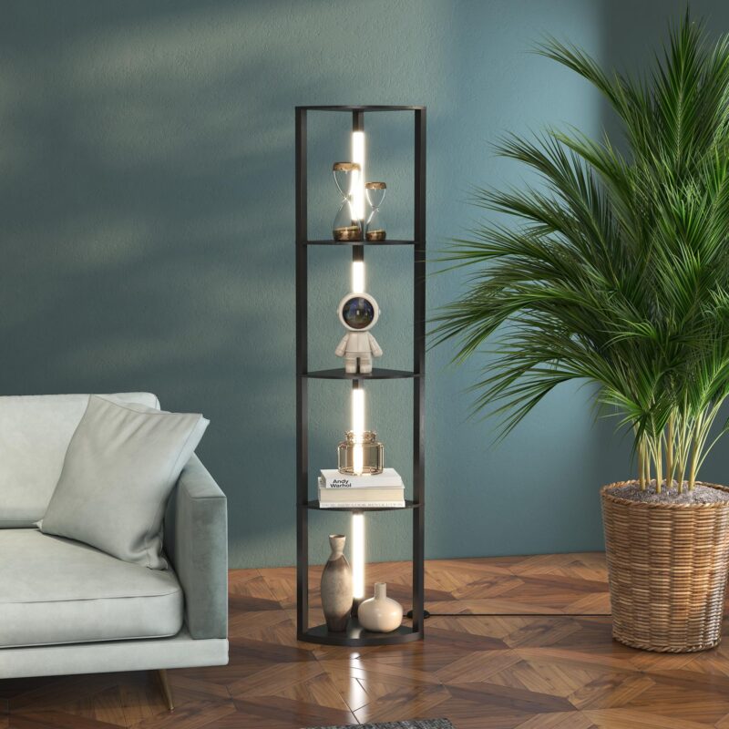 Elegant LED-golvlampa med justerbar belysning och 4 förvaringshyllor – modern design, E27-bas, svart finish