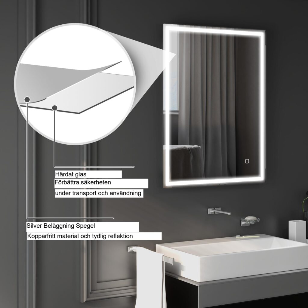 Badrumsspegel med belysning 90x70 cm LED Anti-Fog Touch Control Silver - Justerbar ljusstyrka och trefärgade lampor med minnesfunktion