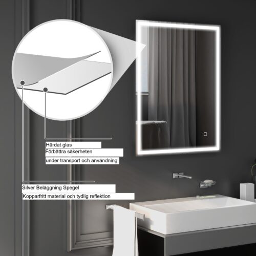 Badrumsspegel med belysning 90×70 cm LED Anti-Fog Touch Control Silver – Justerbar ljusstyrka och trefärgade lampor med minnesfunktion