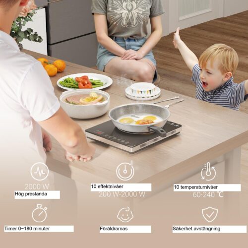 Induktionshäll med 1 platta, effektiv matlagning, exakt temperaturkontroll, barnsäkerhetslås och överhettningsskydd