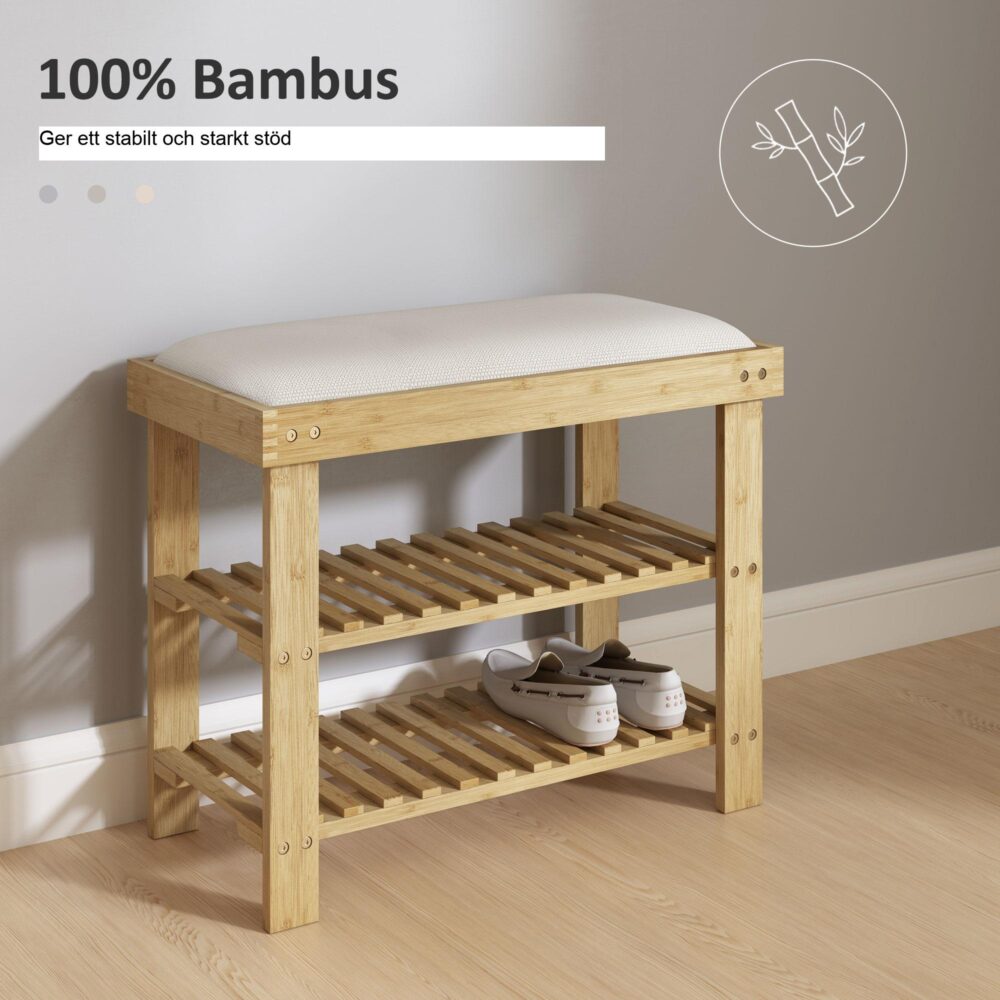 Skobänk i bambu med bekväm sittplats och förvaring – slitstarkt naturligt bambumaterial, håller upp till 150 kg