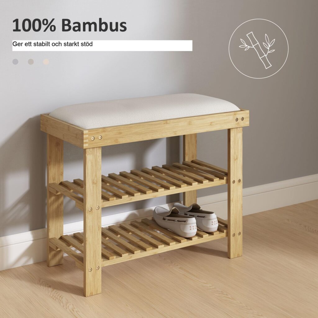 Skobänk i bambu med bekväm sittplats och förvaring - slitstarkt naturligt bambumaterial, håller upp till 150 kg