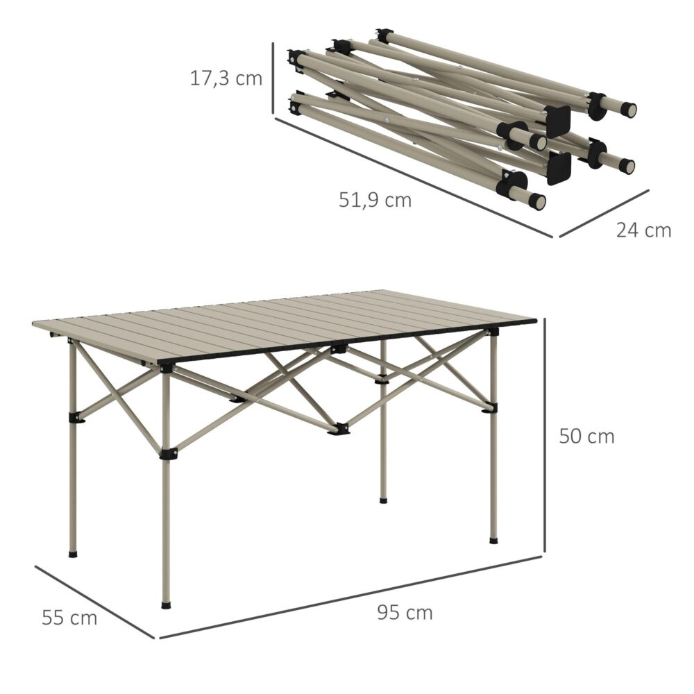 Hopfällbart campingbord med upprullningstopp och X-ram i aluminium – bärbart, hållbart trädgårdsbord för 2 personer, lätt att bära i medföljande väska | Khaki