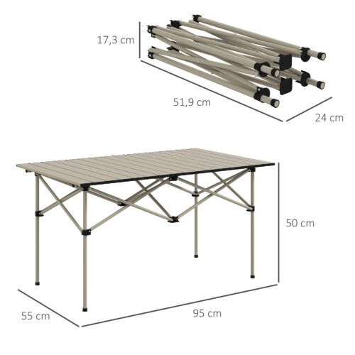Hopfällbart campingbord med upprullningstopp och X-ram i aluminium – bärbart, hållbart trädgårdsbord för 2 personer, lätt att bära i medföljande väska | Khaki