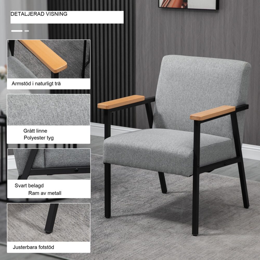 Elegant modern vilstol i grått med mjukt linnetyg och justerbara fötter