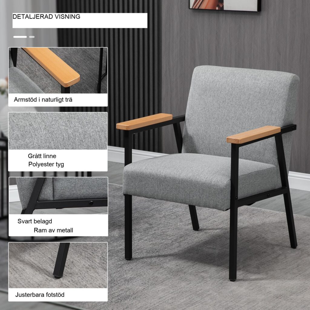 Elegant modern vilstol i grått med mjukt linnetyg och justerbara fötter