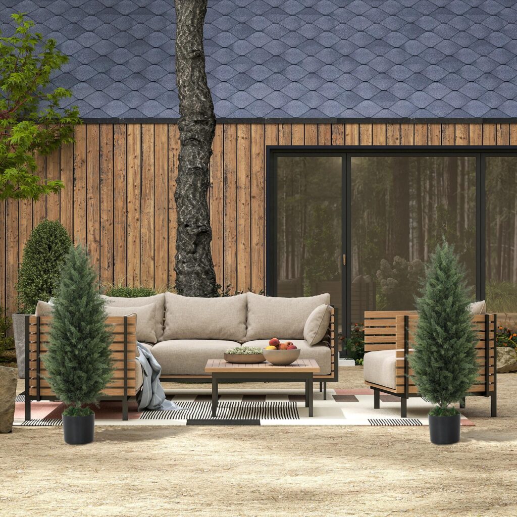 Konstgjord cypress set med 2 stora 90cm inga underhåll konstgjorda träd med realistiskt utseende och UV-beständighet för inomhus- och utomhusbruk