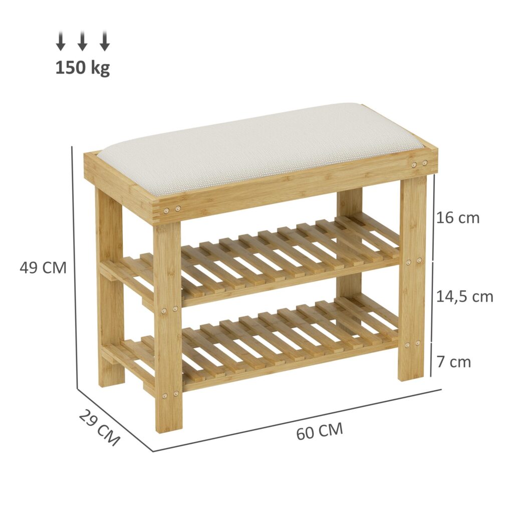 Skobänk i bambu med bekväm sittplats och förvaring - slitstarkt naturligt bambumaterial, håller upp till 150 kg