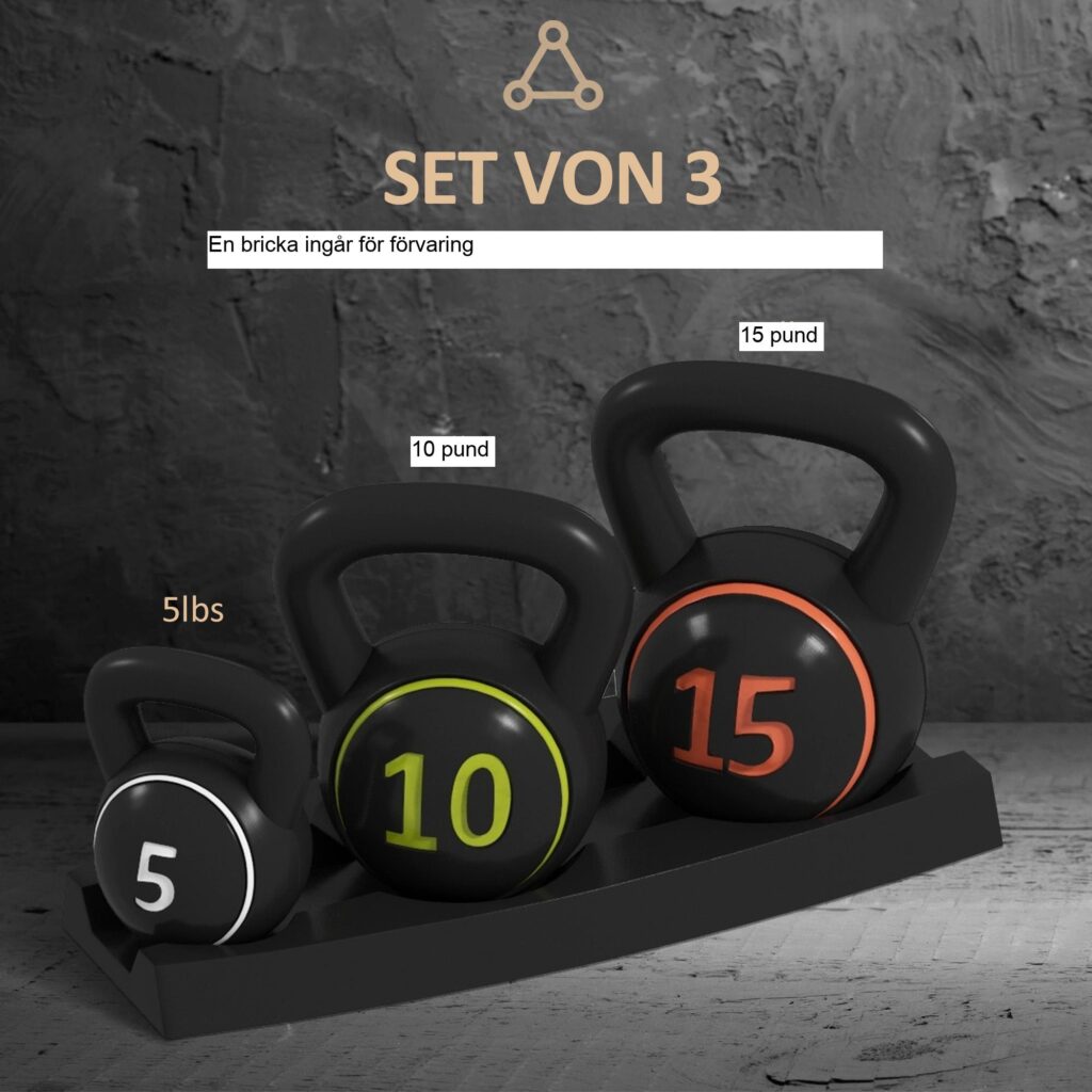 Mångsidigt 3-delat kettlebellset (2,2 kg, 4,5 kg, 6,8 kg) med platt bottenstabilitet, ergonomiskt handtag, skyddsjacka och förvaringsdyna för hållbar hemmaträning.
