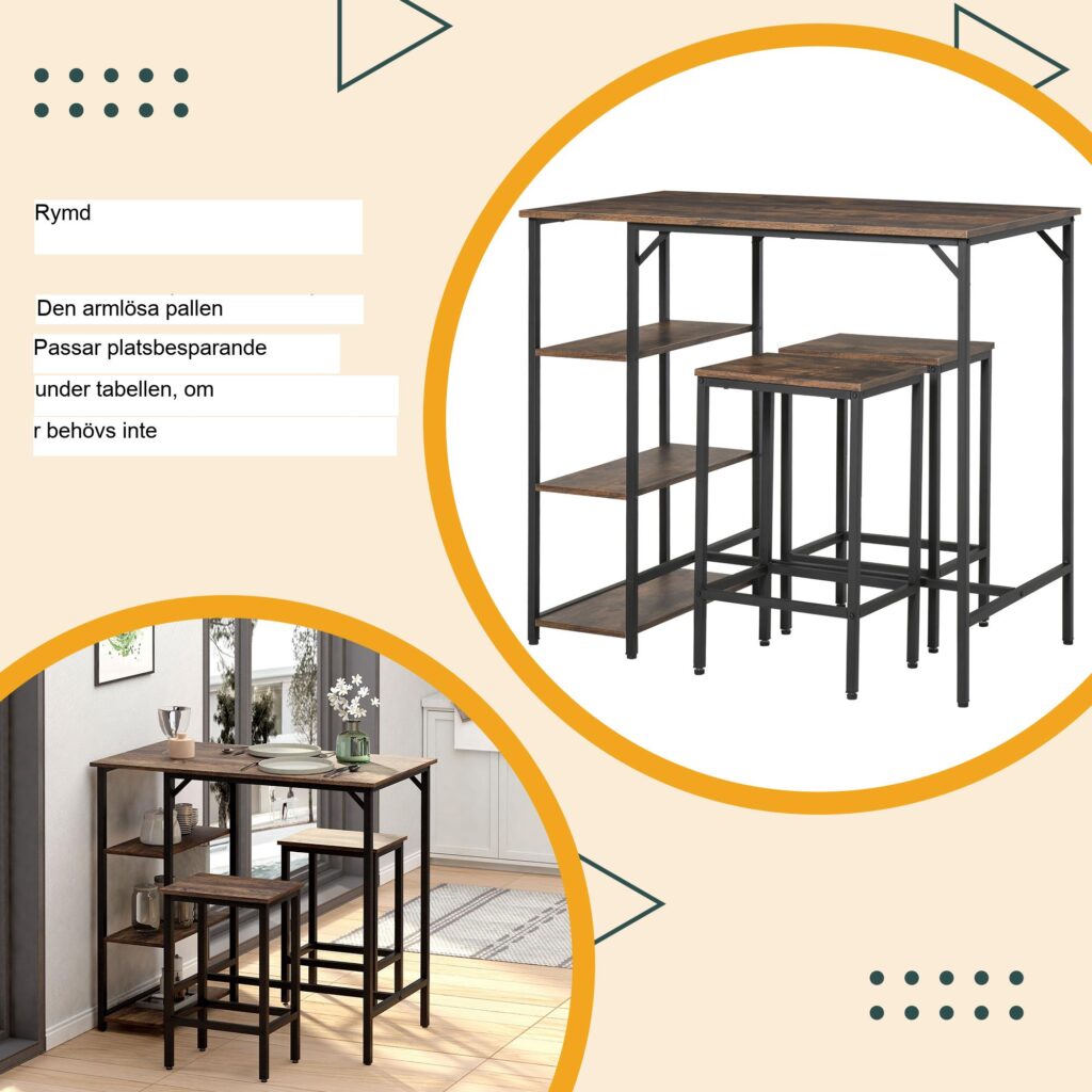 Barbordsset 3 delar med platsbesparande design, hylla och fotstöd i 3 nivåer, rustikt brunt/svart, spånskiva/stål
