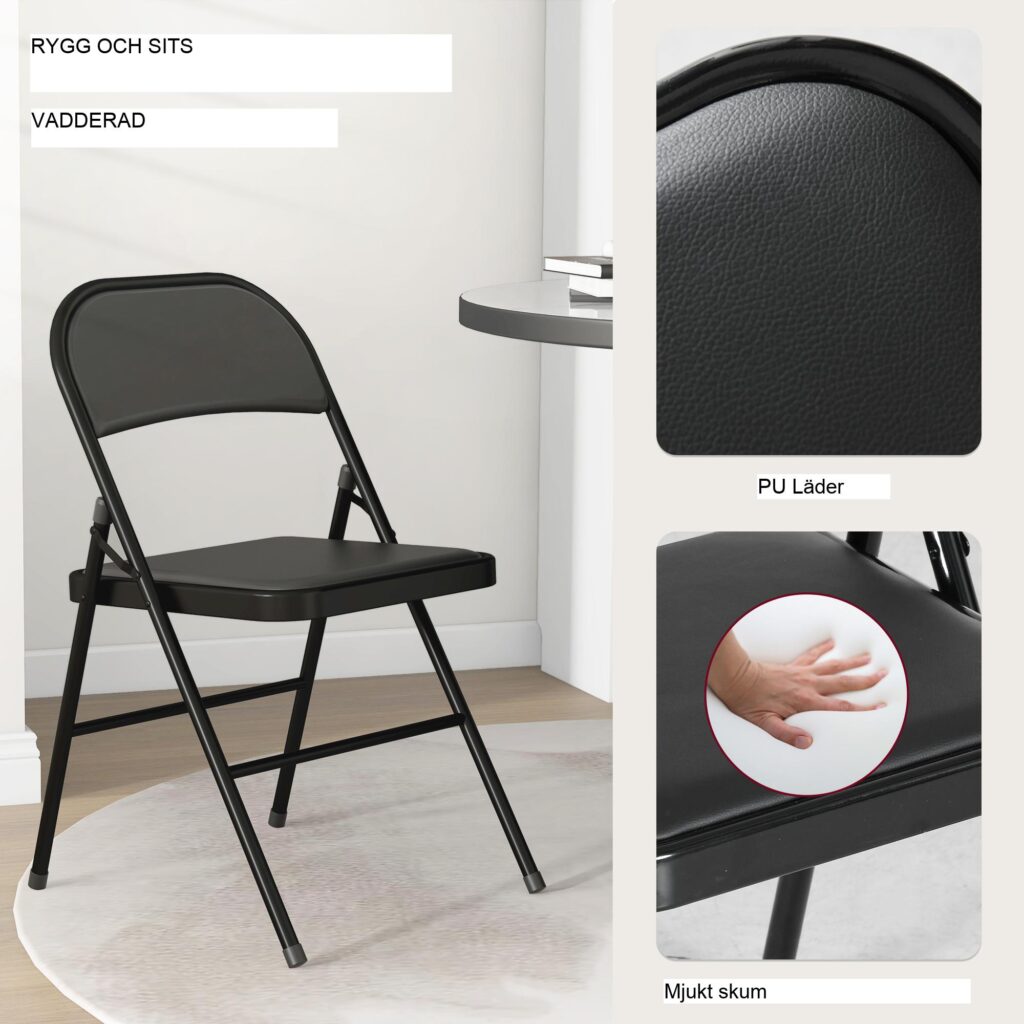 Set med 4 hopfällbara campingstolar med vadderat ryggstöd, robust stålram och platsbesparande design för kontor, kök och evenemang