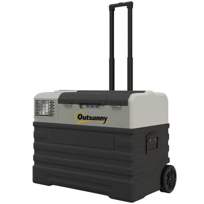 Portable Compressor Cooler 56L – mångsidig likström/växelström, Eco- och Max-lägen, 3-stegs batteriskydd, -20 °C kylning, hjul och teleskophandtag