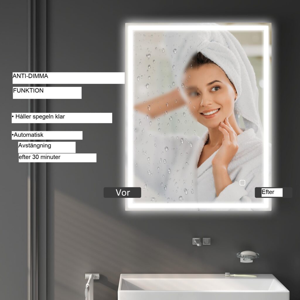 Badrumsspegel med belysning 90x70 cm LED Anti-Fog Touch Control Silver - Justerbar ljusstyrka och trefärgade lampor med minnesfunktion