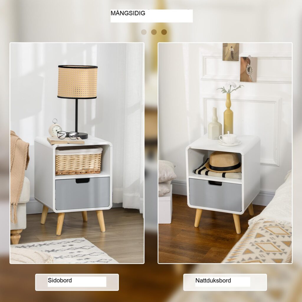 Nattduksbord i skandinavisk stil med låda och öppet fack | Hållbar konstruktion i massivt trä och MDF | Vit + Grå + Naturlig Finish | Passar sovrum och vardagsrum