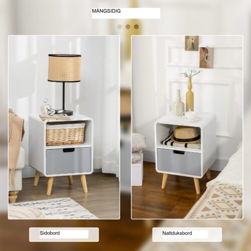 Nattduksbord i skandinavisk stil med låda och öppet fack | Hållbar konstruktion i massivt trä och MDF | Vit + Grå + Naturlig Finish | Passar sovrum och vardagsrum