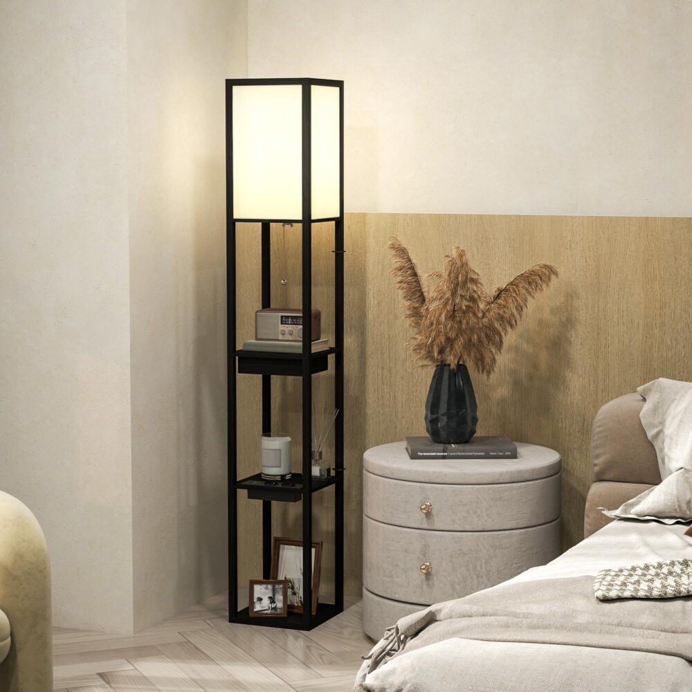 Golvlampa med inbyggda USB-A- och USB-C-laddningsportar, förvaringshylla med 3 fack, elegant modern design