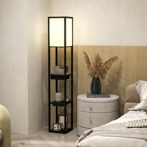 Golvlampa med inbyggda USB-A- och USB-C-laddningsportar, förvaringshylla med 3 fack, elegant modern design