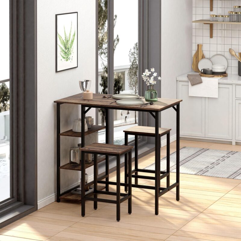 Barbordsset 3 delar med platsbesparande design, hylla och fotstöd i 3 nivåer, rustikt brunt/svart, spånskiva/stål