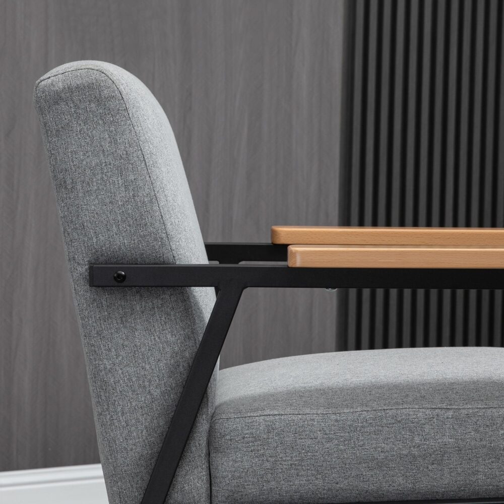 Elegant modern vilstol i grått med mjukt linnetyg och justerbara fötter