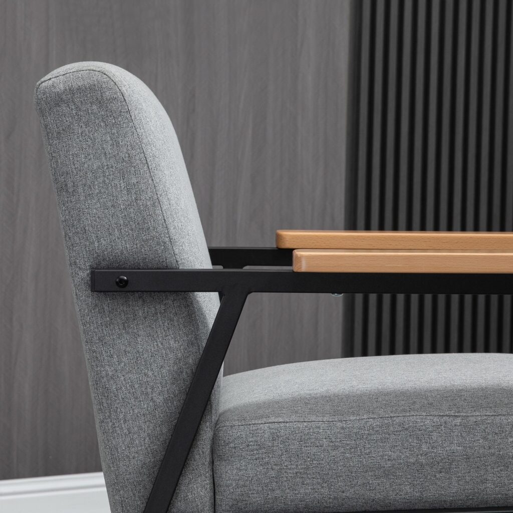 Elegant modern vilstol i grått med mjukt linnetyg och justerbara fötter