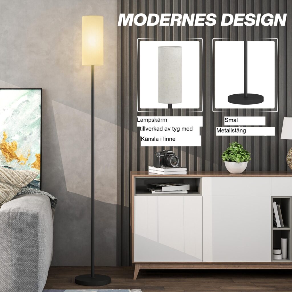 Golvlampa med tygskärm och E27-sockel, med bekväm fotpedal för enkel användning och snabb montering, kompatibel med olika glödlampor för mångsidig belysning