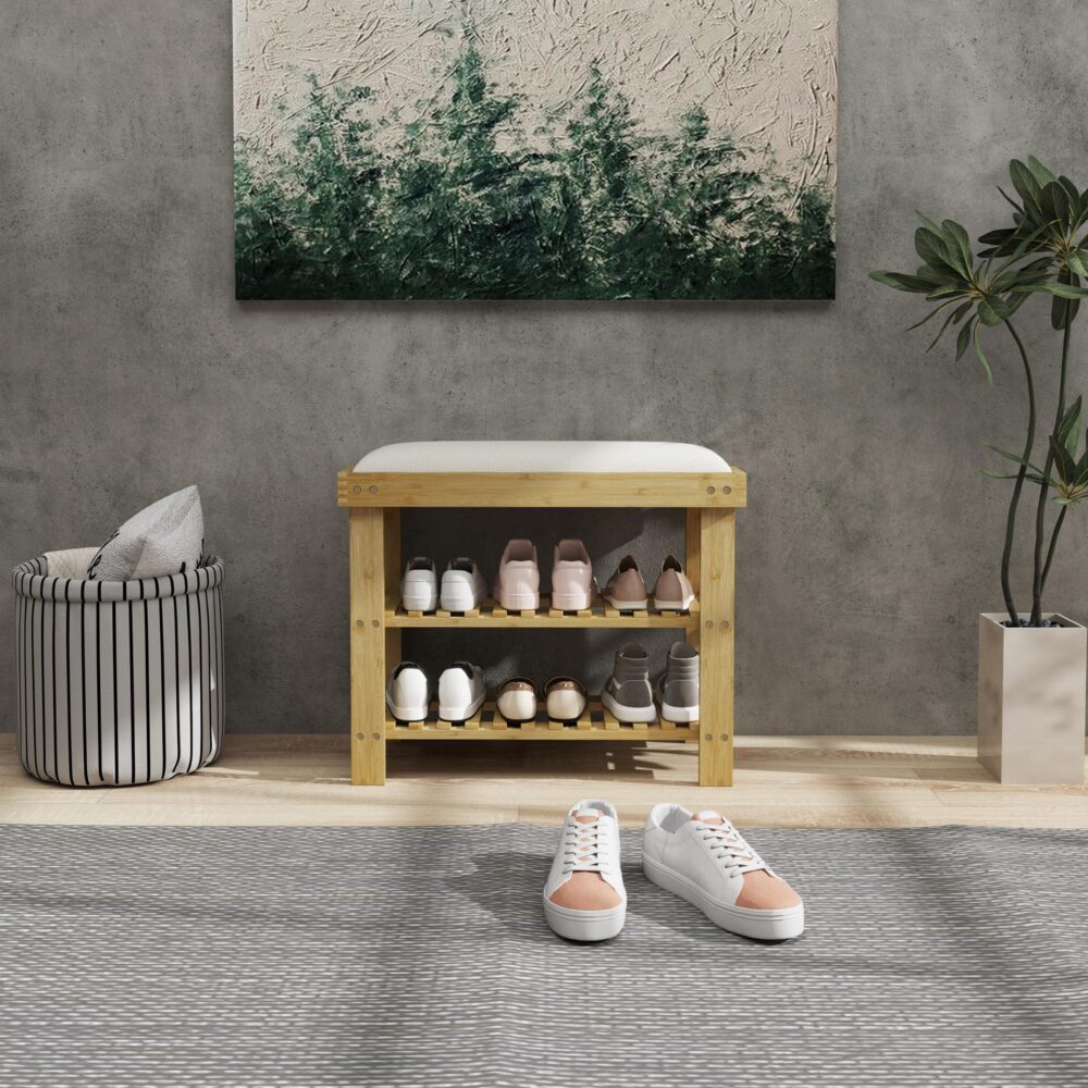 Skobänk i bambu med bekväm sittplats och förvaring – slitstarkt naturligt bambumaterial, håller upp till 150 kg