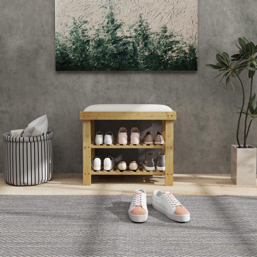 Skobänk i bambu med bekväm sittplats och förvaring - slitstarkt naturligt bambumaterial, håller upp till 150 kg