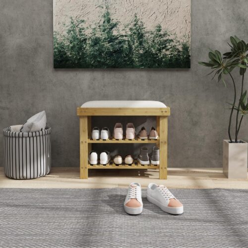 Skobänk i bambu med bekväm sittplats och förvaring – slitstarkt naturligt bambumaterial, håller upp till 150 kg