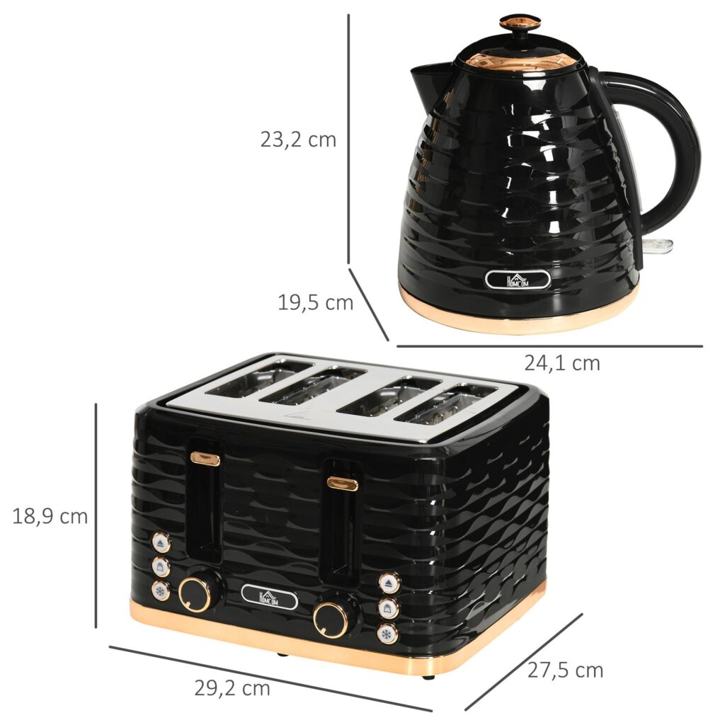 Vattenkokare Brödrost Set med 1,7L vattenkokare, 4-skiva brödrost, sju bryningsnivåer för perfekt te och rostat bröd