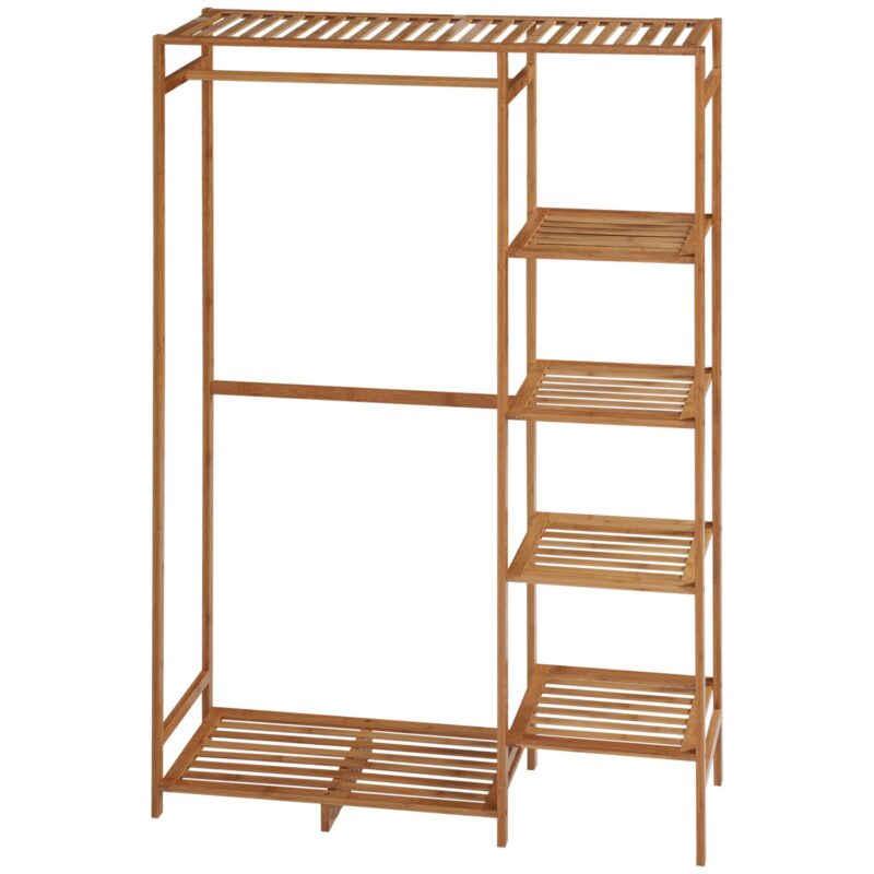 Bambu klädhängare med hängande och hopfällbar klädstång, kompakt design för små utrymmen, naturlig träfinish, säkerhetsremmar mot tippning