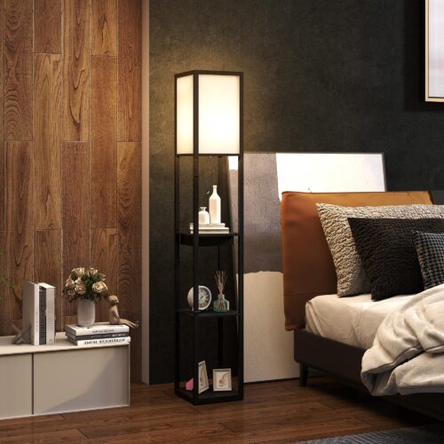 Golvlampa med inbyggda USB-A- och USB-C-laddningsportar, förvaringshylla med 3 fack, elegant modern design