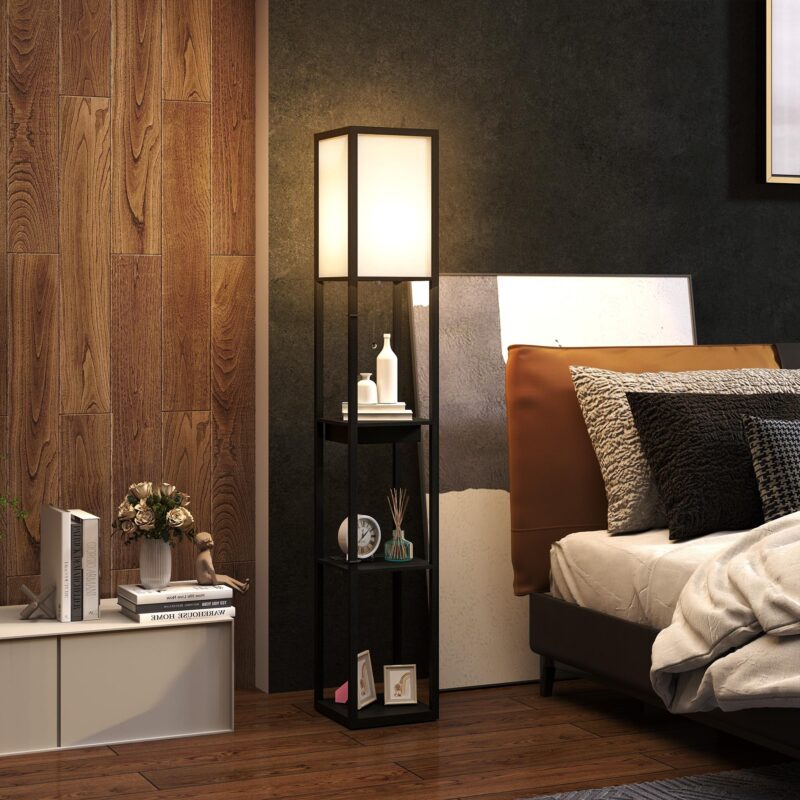 Golvlampa med inbyggda USB-A- och USB-C-laddningsportar, förvaringshylla med 3 fack, elegant modern design