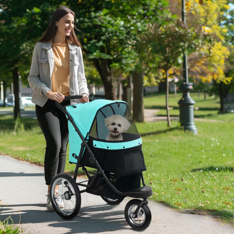 Hundvagn med 3-hjuls stötfri körning, 1-klicks hopfällbar design för små hundar och katter upp till 10 kg, turkos