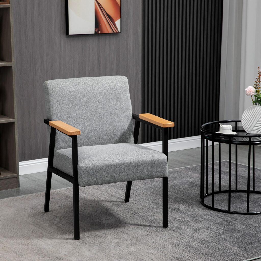 Elegant modern vilstol i grått med mjukt linnetyg och justerbara fötter