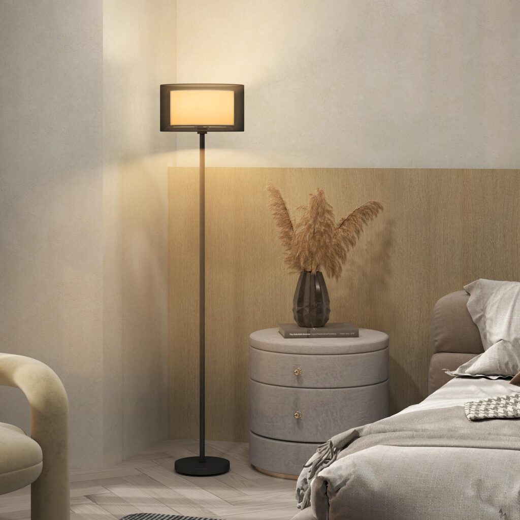 Modern tvåfärgad tyglampa golvlampa med E27-uttag, fotbrytarkontroll och enkel montering för vardagsrum och sovrum