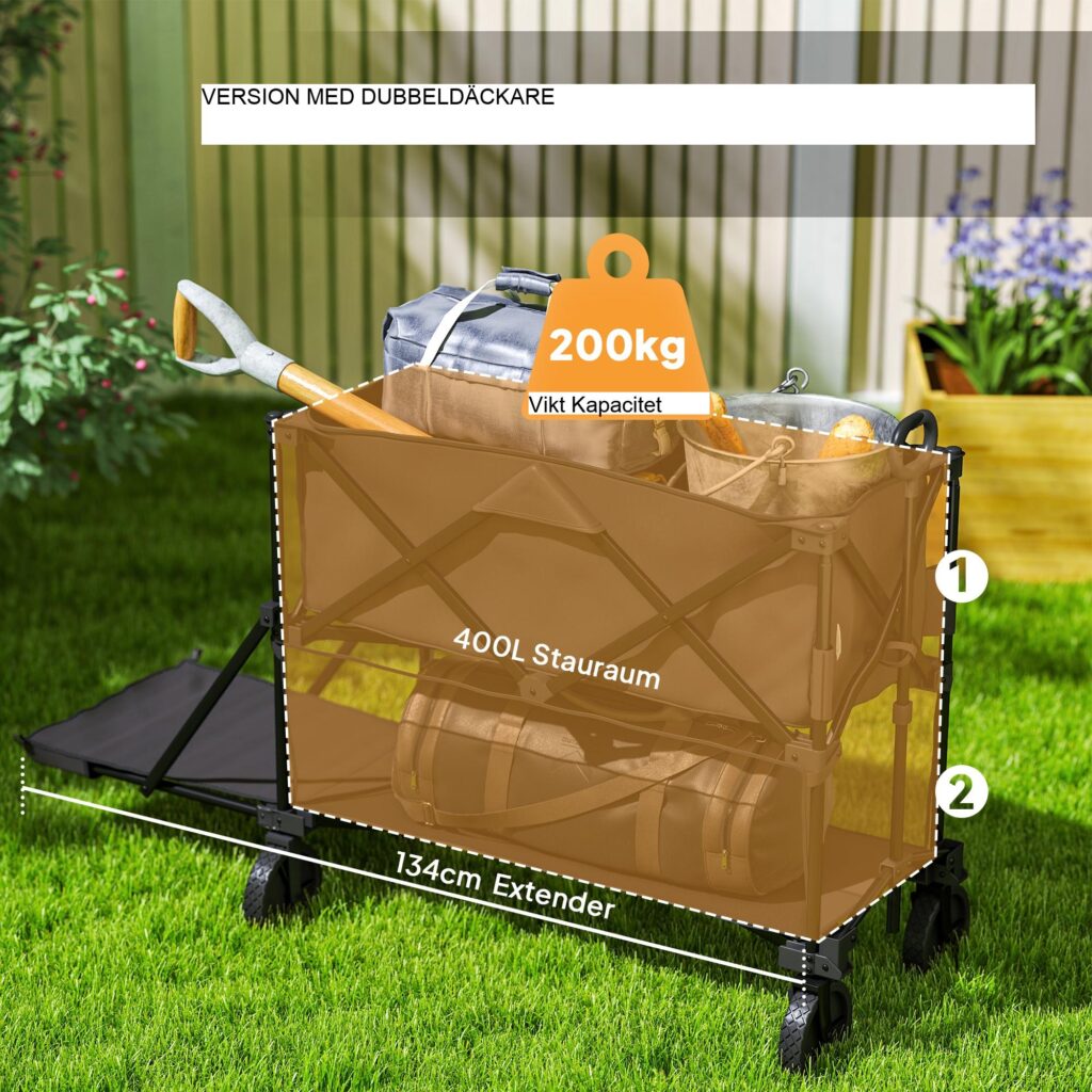 Trädgårdsvagn i dubbla nivåer för 200 kg last med avtagbar presenning, vikbar design och terränghjul