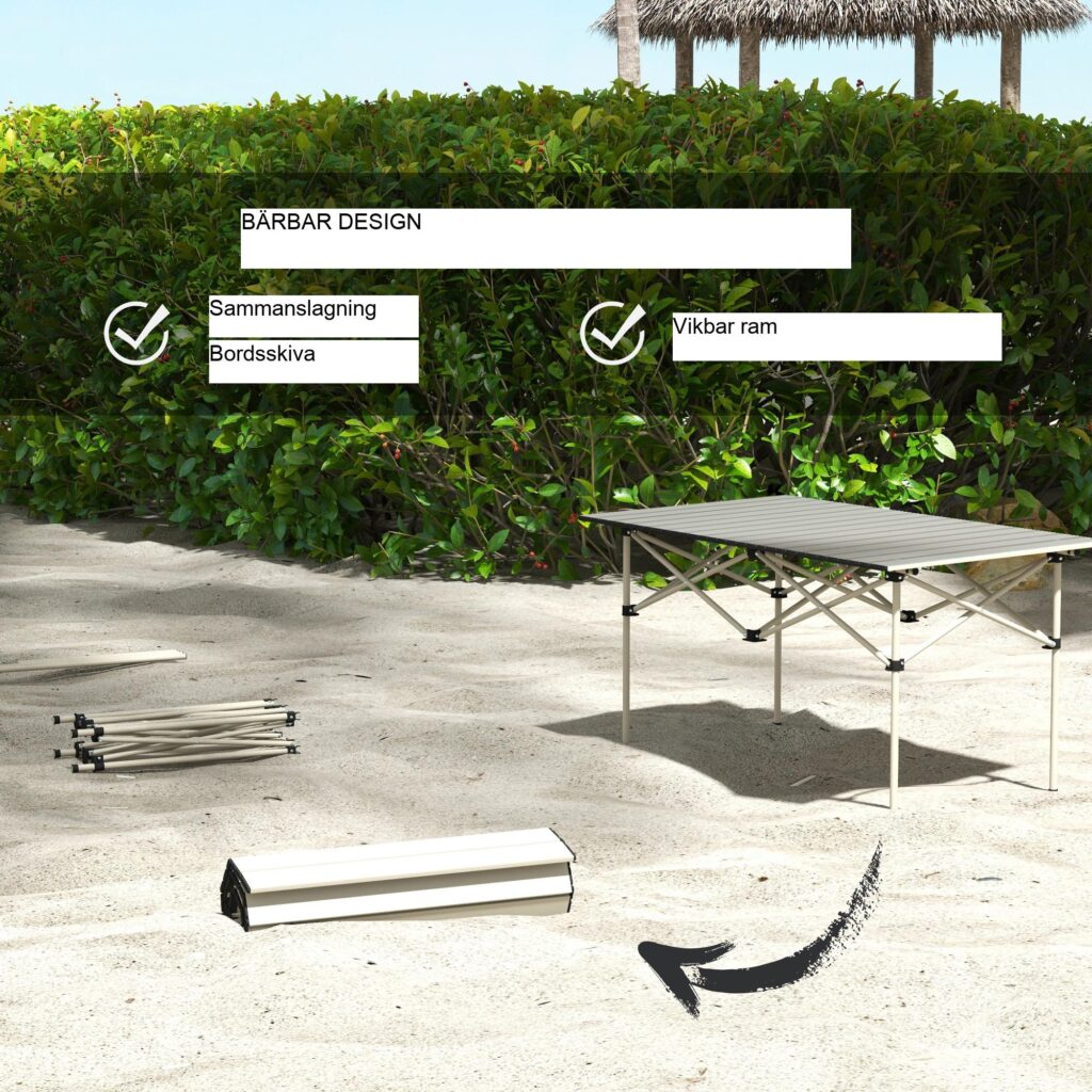 Hopfällbart campingbord med upprullningstopp och X-ram i aluminium - bärbart, hållbart trädgårdsbord för 2 personer, lätt att bära i medföljande väska | Khaki
