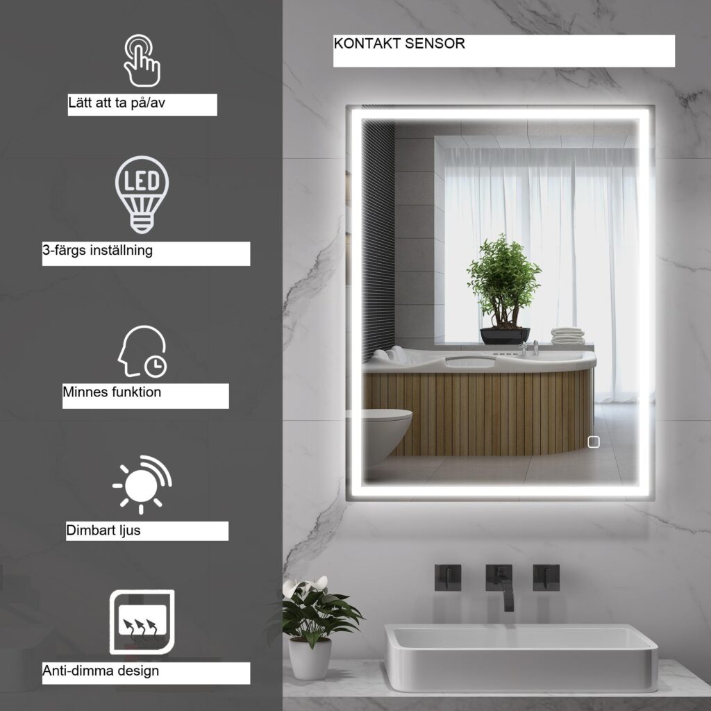 Badrumsspegel med belysning 90x70 cm LED Anti-Fog Touch Control Silver - Justerbar ljusstyrka och trefärgade lampor med minnesfunktion