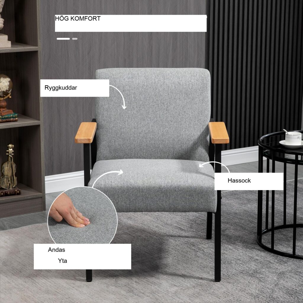 Elegant modern vilstol i grått med mjukt linnetyg och justerbara fötter