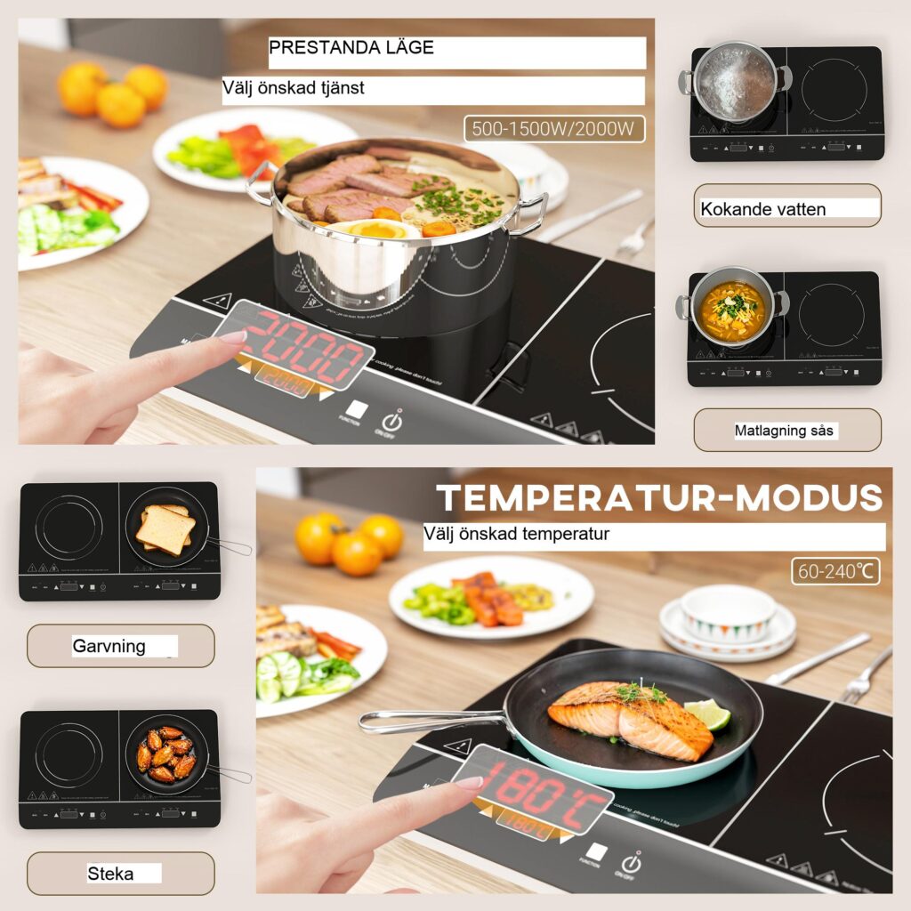 Induktionshäll med dubbla plattor med 8 effektnivåer och 10 temperaturinställningar, barnlåssäkerhet och effektiv samtidig matlagning